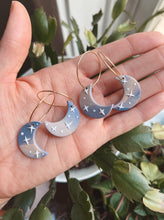Load image into Gallery viewer, Crescent Moon Hoops in Marbled Stormy Sunset
