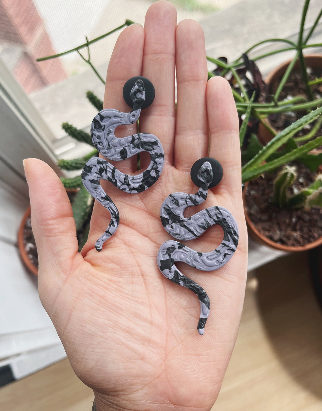 Snake Earrings in Marbled Purple + Black